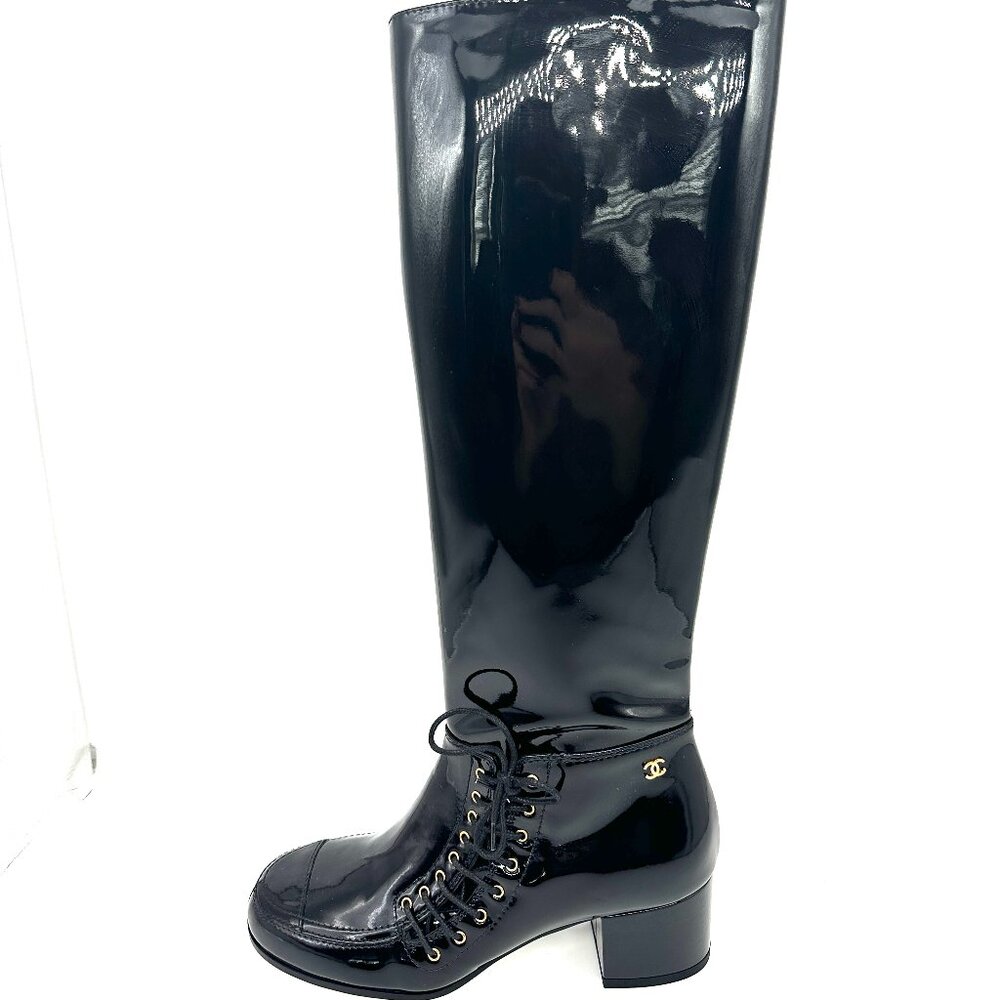 CHANEL 15A Patent Calf Leather Knee High Tall Lace Up Boots Shoes - Picture 2 of 16
